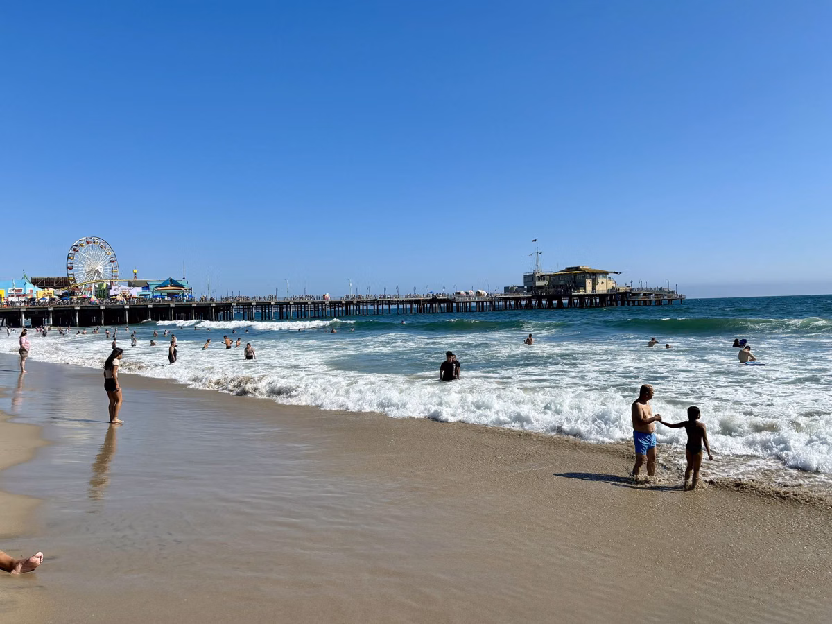 Swimmers in the surf at Santa Monica State Beach with the Pier behind them