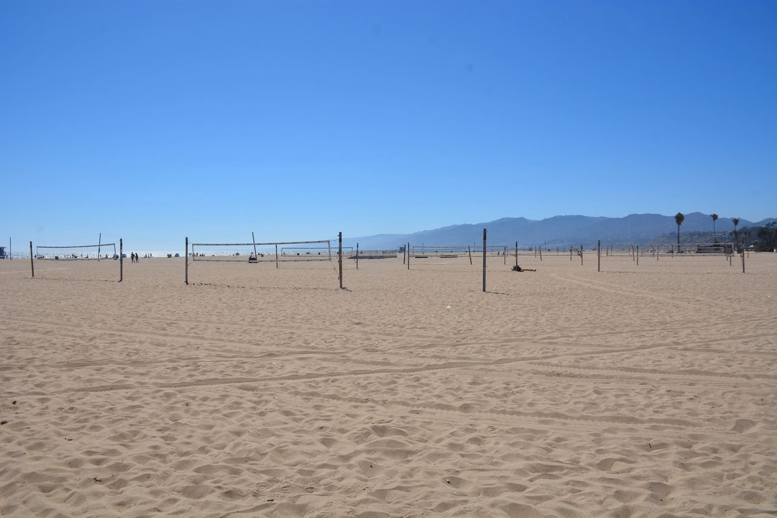 Rows of sand volleyball courts on Santa Monica State Beach